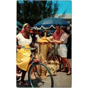 Vintage Postcard Native Straw Market Bahama Islands 5.5x3.5 In Bike Cute Lady